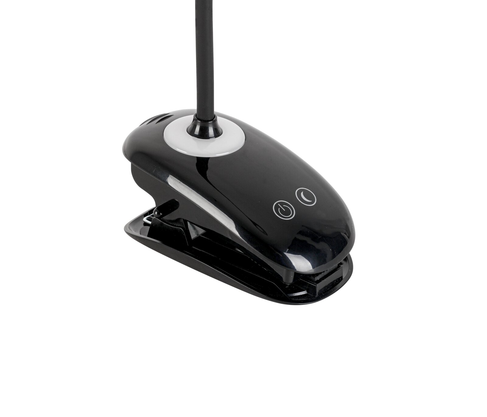 Zwarte LED-klemlamp met twee aanraakknoppen, zijaanzicht