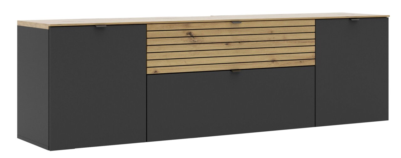 Voleo TV-Lowboard DIANA TV-Lowboard in dunklem Grau mit Holzdetails, frontal betrachtet