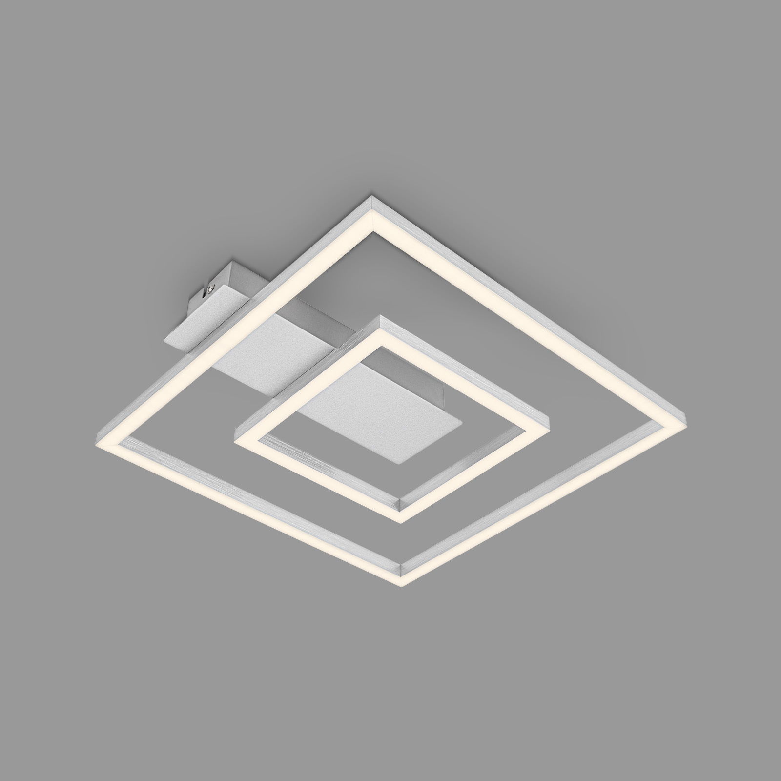 Moderne LED-Deckenleuchte in Aluminium mit quadratischem Design, seitliche Perspektive