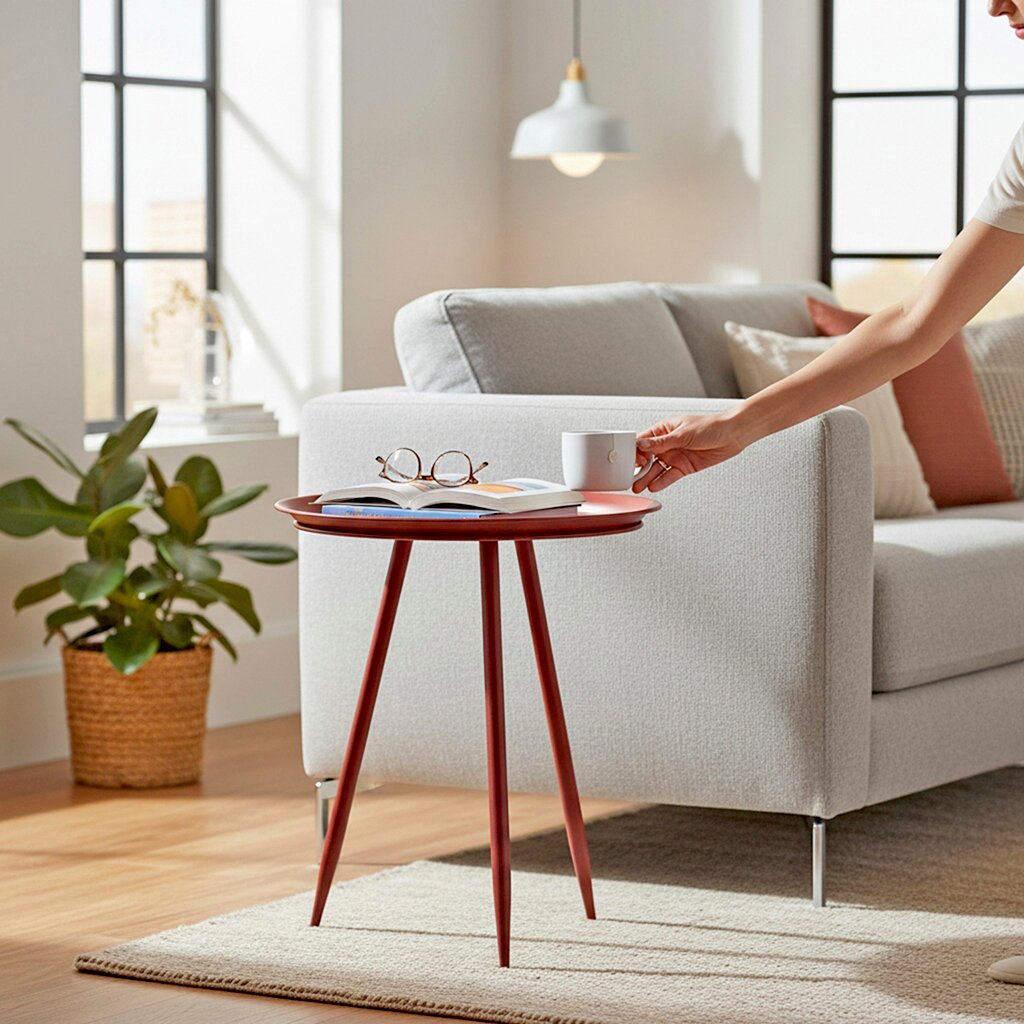 Runder Beistelltisch aus Holz in Rotbraun mit drei schlanken Beinen neben hellgrauem Sofa; darauf liegen Buch und Brille, eine Hand stellt eine Tasse ab – Perspektive: seitliche Ansicht auf Augenhöhe im Wohnzimmer.