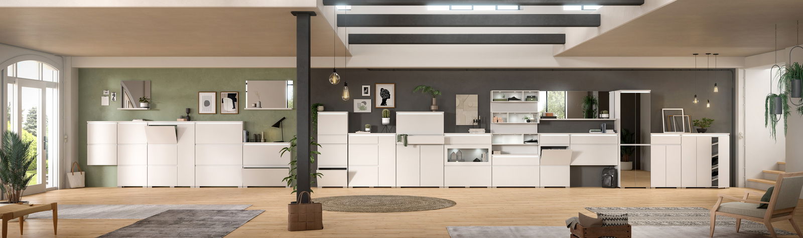 Moderner Schuhschrank in einem stilvollen Wohnzimmer, seitliche Perspektive