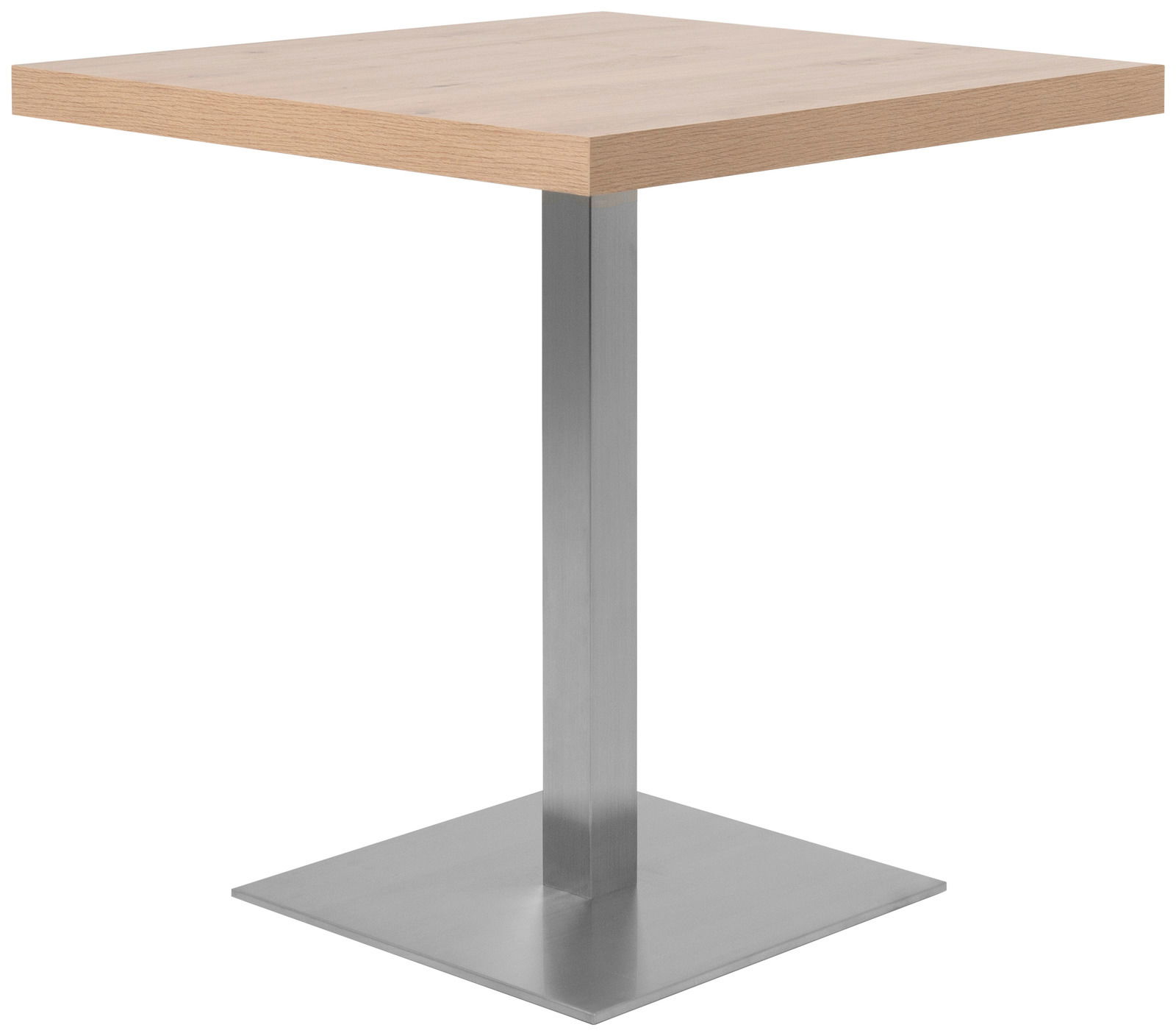 Moderner quadratischer Esstisch mit Holzplatte und Metallfuß, seitliche Perspektive