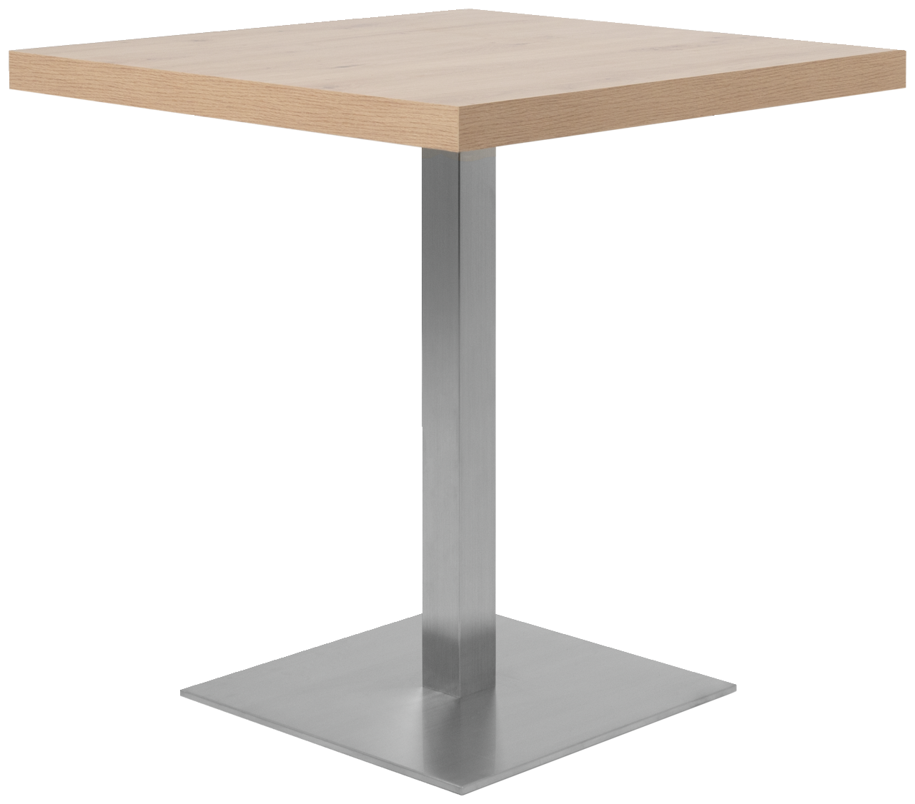 Moderner quadratischer Esstisch mit Holzplatte und Metallfuß, seitliche Perspektive