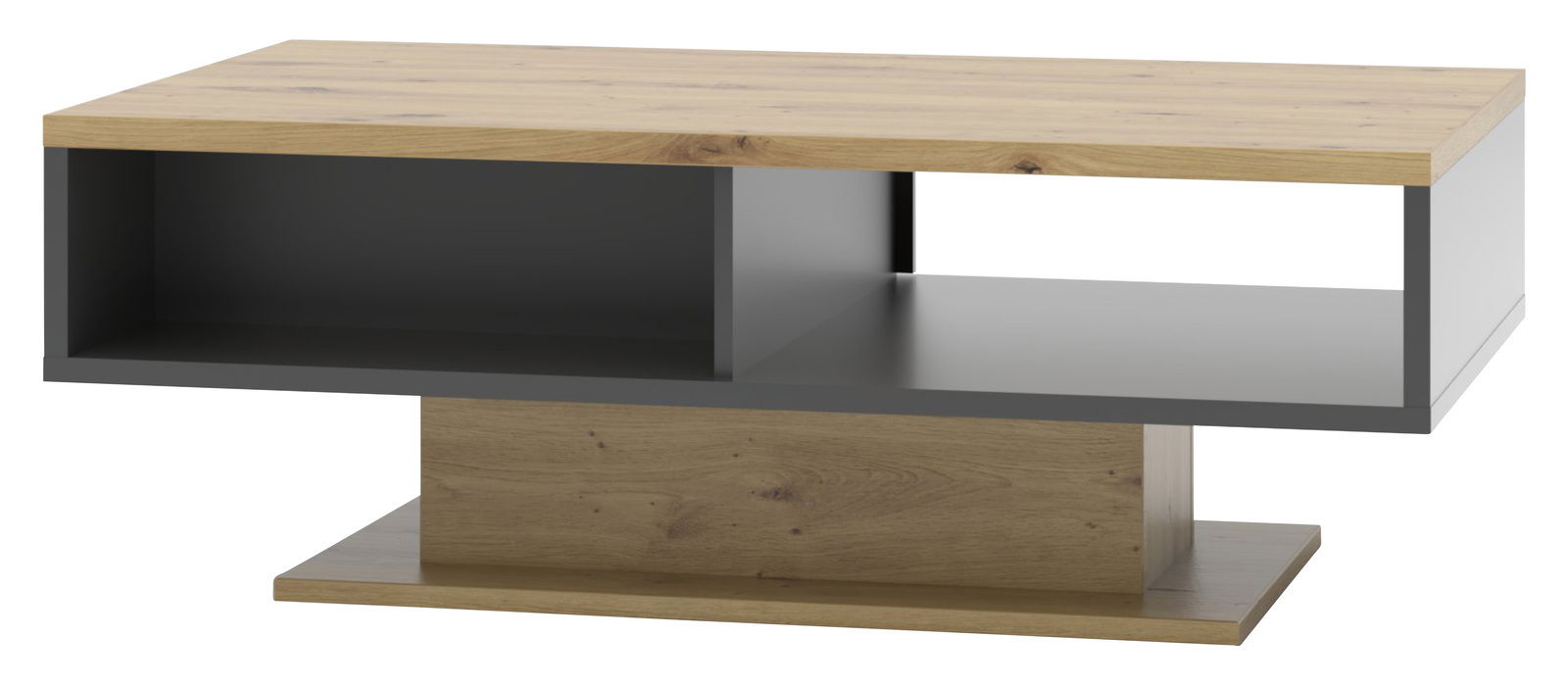 Moderner Couchtisch aus Holz und Metall in Seitenansicht mit offenem Stauraum.