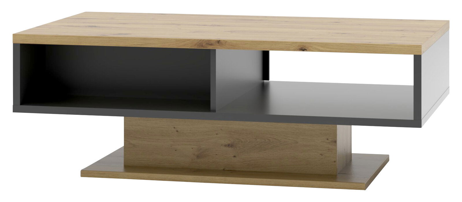 Moderner Couchtisch aus Holz und Metall in Seitenansicht mit offenem Stauraum.