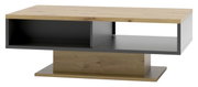Moderner Couchtisch aus Holz und Metall in Seitenansicht mit offenem Stauraum.