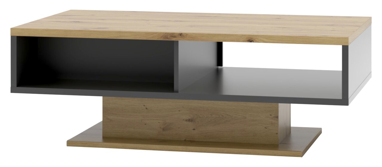 Moderner Couchtisch aus Holz und Metall in Seitenansicht mit offenem Stauraum.