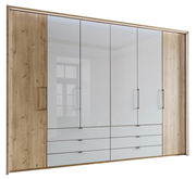 Sechs-türiger Falttürenschrank in Holzoptik mit Spiegel- und Schubladenelementen, frontale Ansicht