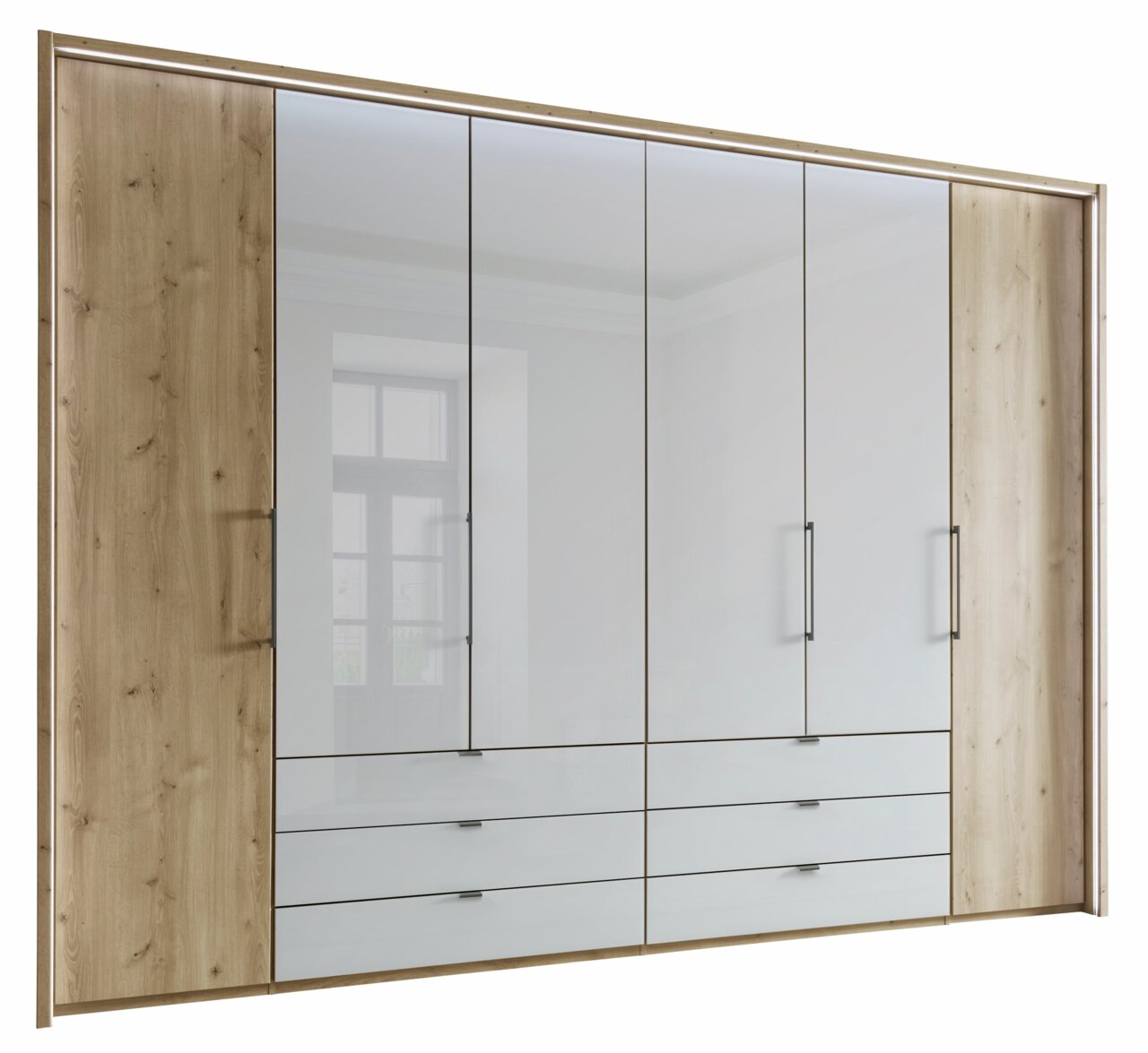 Dieter Knoll Falttürenschrank 6-türig MILANO Sechs-türiger Falttürenschrank in Holzoptik mit Spiegel- und Schubladenelementen, frontale Ansicht