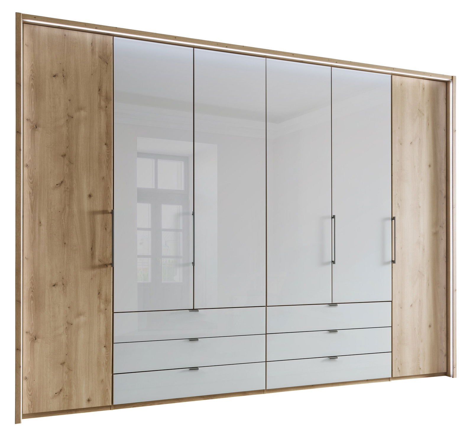 Sechs-türiger Falttürenschrank in Holzoptik mit Spiegel- und Schubladenelementen, frontale Ansicht