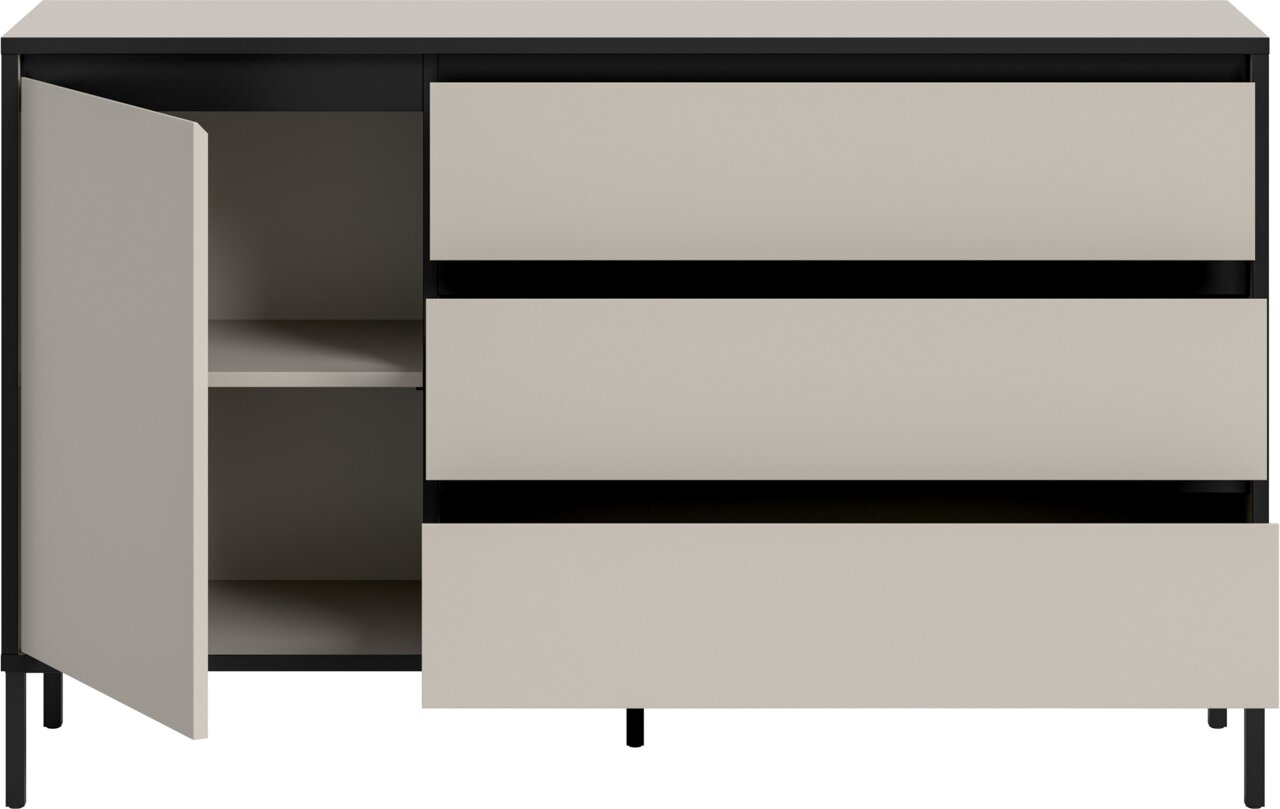 Modernes Sideboard mit drei offenen Schubladen und einer offenen Tür, frontal betrachtet.