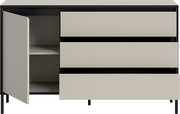 Modernes Sideboard mit drei offenen Schubladen und einer offenen Tür, frontal betrachtet.