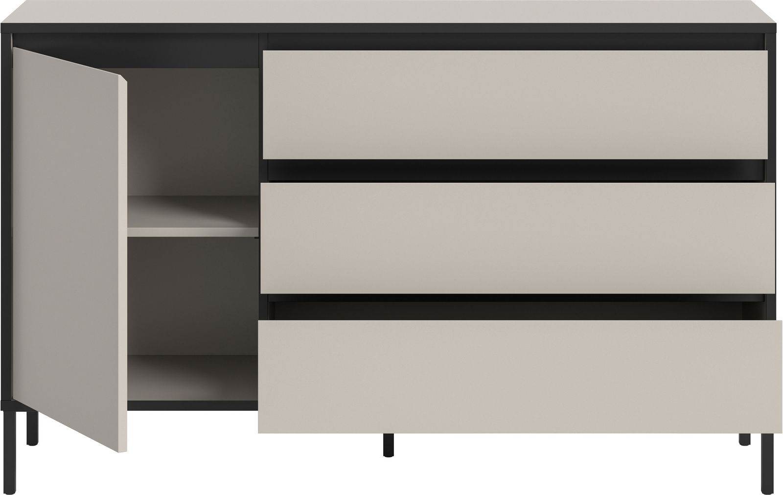 Modernes Sideboard mit drei offenen Schubladen und einer offenen Tür, frontal betrachtet.