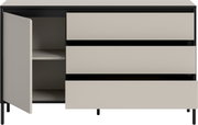 Modernes Sideboard mit drei offenen Schubladen und einer offenen Tür, frontal betrachtet.