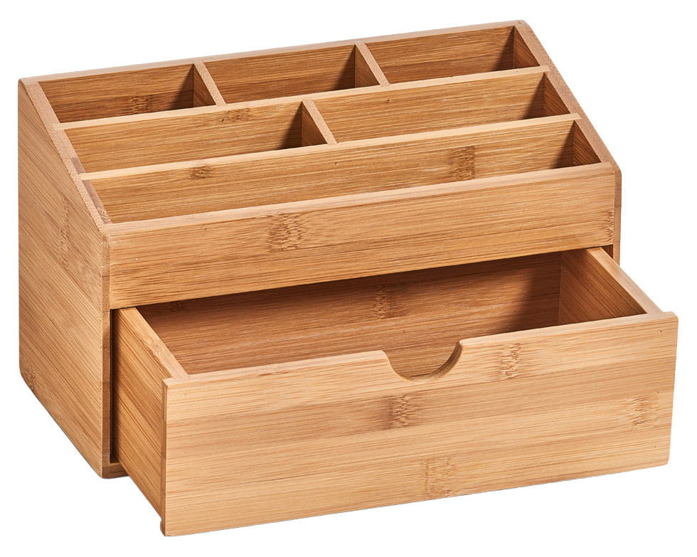 Bambus-Organizer mit mehreren Fächern und einer offenen Schublade, perspektivisch von vorne fotografiert.