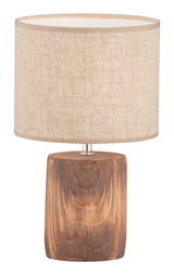Tischleuchte Malik mit einem zylindrischen Stoffschirm in Beige und einem rustikalen Holzfuß, frontal abgebildet.
