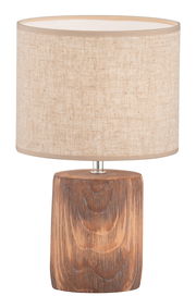 Tischleuchte Malik mit einem zylindrischen Stoffschirm in Beige und einem rustikalen Holzfuß, frontal abgebildet.