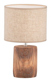 Tischleuchte Malik mit einem zylindrischen Stoffschirm in Beige und einem rustikalen Holzfuß, frontal abgebildet.