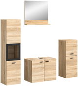 Badkombination BOSTON in Holzoptik mit Spiegel, bestehend aus hohem Schrank, Waschbeckenunterschrank und zusätzlichem Schrank, frontal betrachtet.