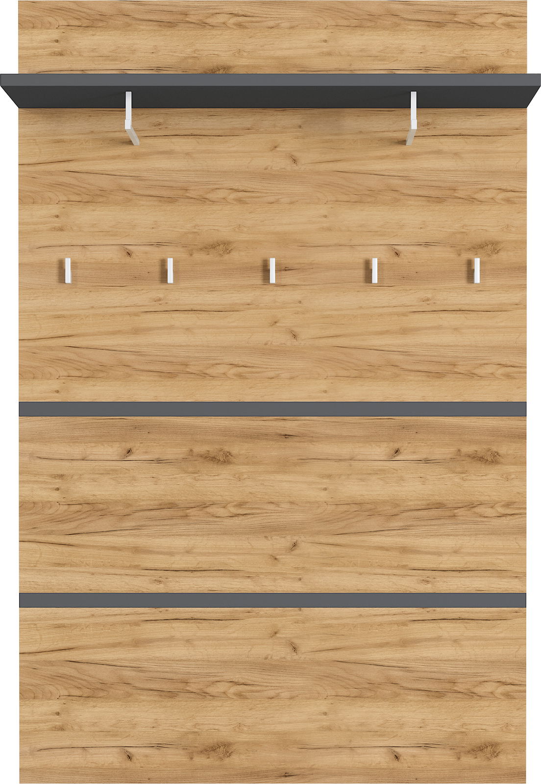 Garderobenpaneel aus Holz mit fünf Haken und einem oberen Regalbrett, frontale Ansicht