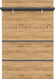 Garderobenpaneel aus Holz mit fünf Haken und einem oberen Regalbrett, frontale Ansicht
