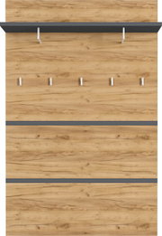 Garderobenpaneel aus Holz mit fünf Haken und einem oberen Regalbrett, frontale Ansicht
