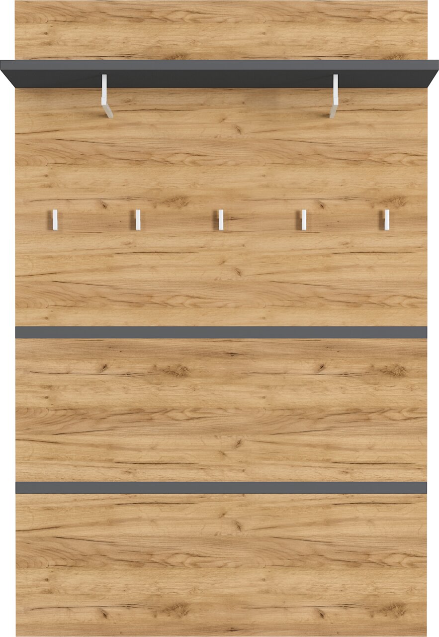 Garderobenpaneel aus Holz mit fünf Haken und einem oberen Regalbrett, frontale Ansicht
