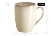 Beigefarbene Keramik-Kaffeetasse mit Henkel, 325 ml Fassungsvermögen, ca. 10,5 cm hoch und 8 cm Durchmesser, frontale Seitenansicht auf weißem Hintergrund (4er-Set).