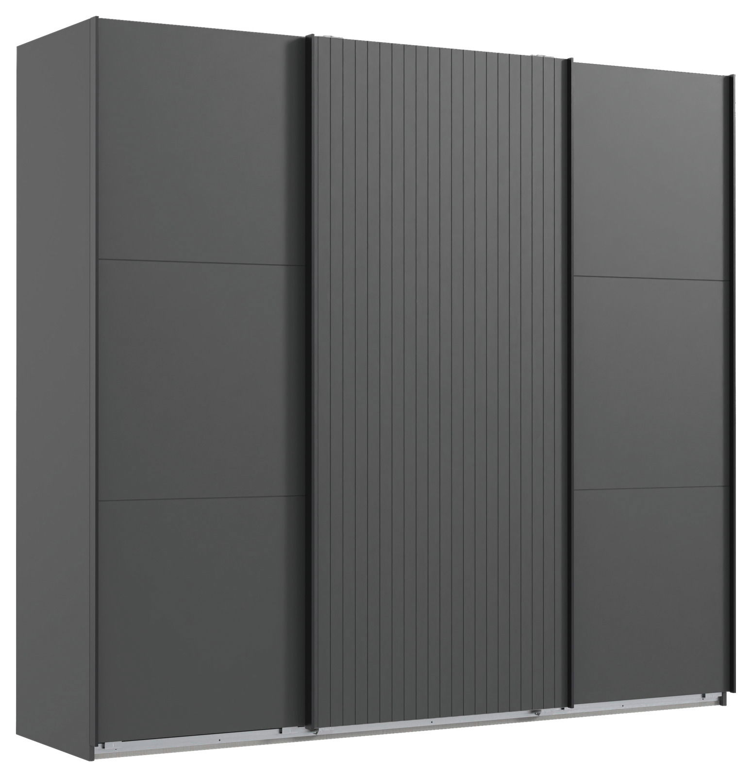 Dreitüriger Schwebetürenschrank in dunklem Grau, Frontalansicht