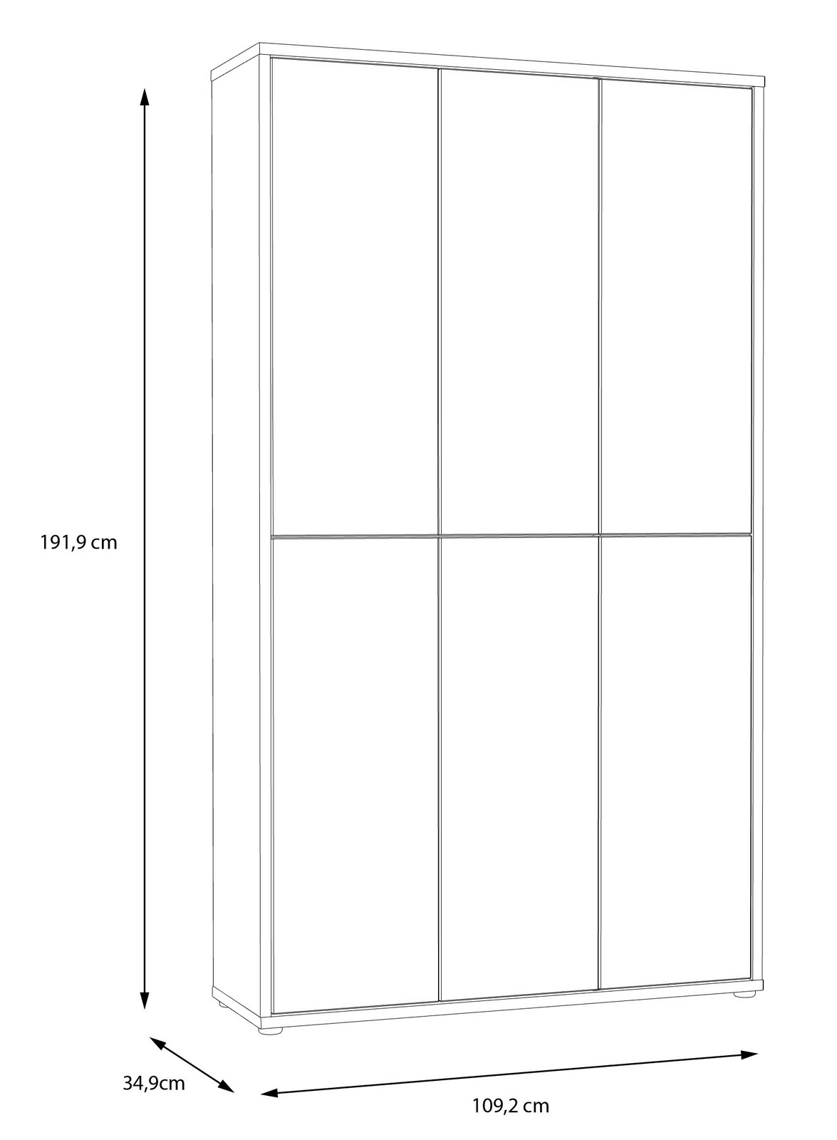 Seitenansicht eines hohen Schuhschranks mit sechs Türen, Maße 191,9 cm Höhe, 109,2 cm Breite und 34,9 cm Tiefe.
