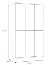 Seitenansicht eines hohen Schuhschranks mit sechs Türen, Maße 191,9 cm Höhe, 109,2 cm Breite und 34,9 cm Tiefe.