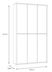 Seitenansicht eines hohen Schuhschranks mit sechs Türen, Maße 191,9 cm Höhe, 109,2 cm Breite und 34,9 cm Tiefe.