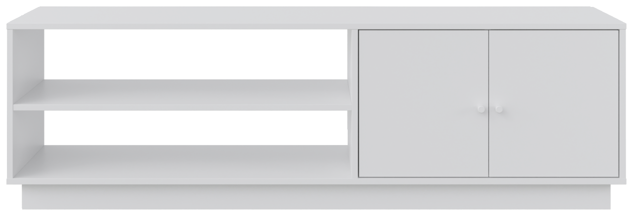 Weißes TV-Lowboard mit zwei offenen Regalfächern links und zwei Türen rechts, frontale Ansicht.
