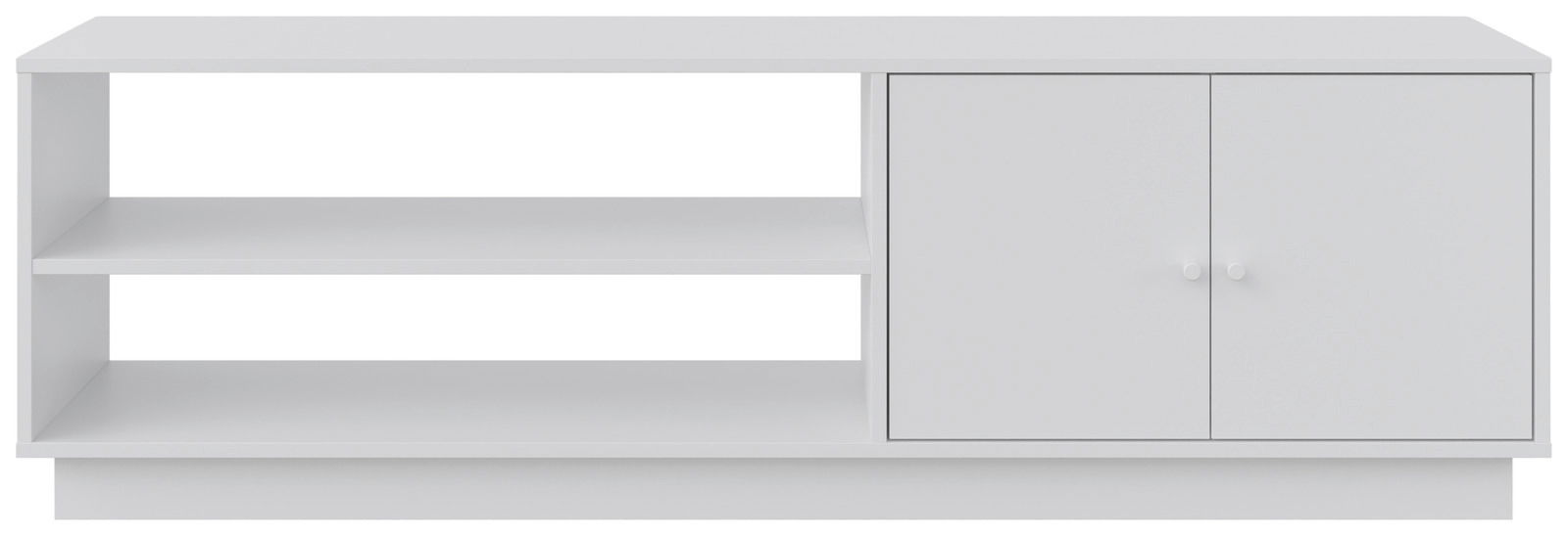 Weißes TV-Lowboard mit zwei offenen Regalfächern links und zwei Türen rechts, frontale Ansicht.
