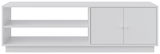 Weißes TV-Lowboard mit zwei offenen Regalfächern links und zwei Türen rechts, frontale Ansicht.