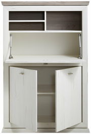 Sekretär aus hellem Holz mit offenen Türen und Fächern, Frontalansicht