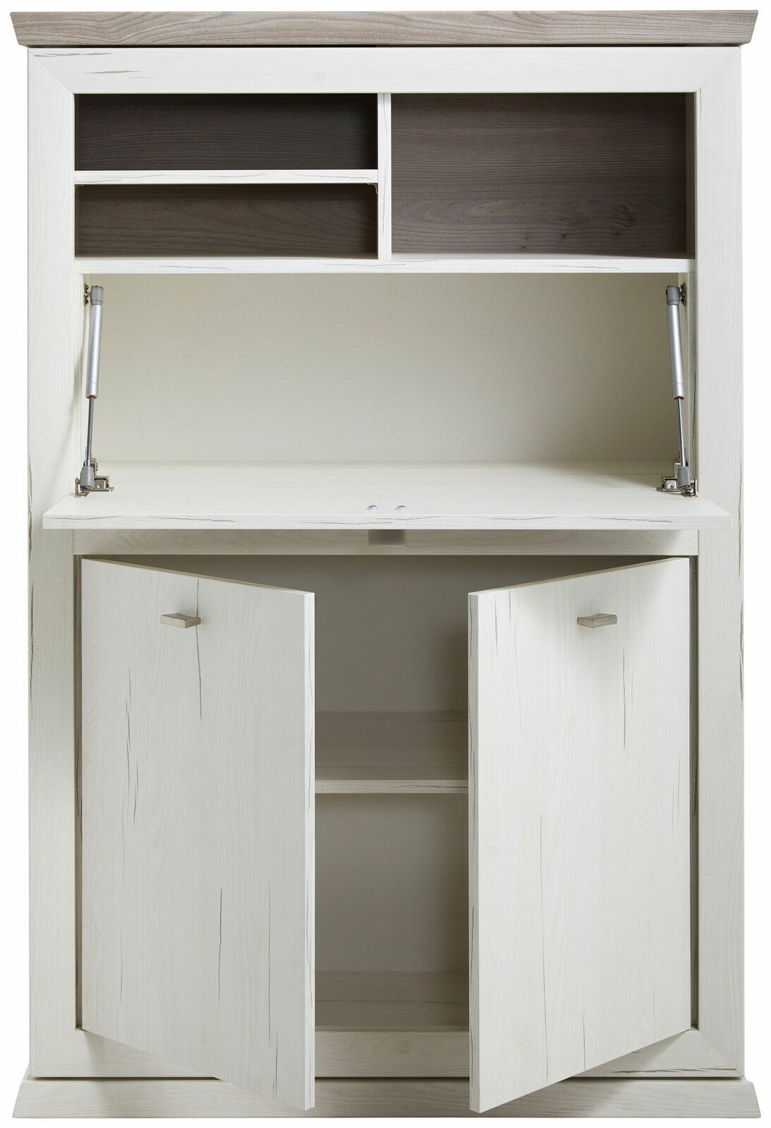 Sekretär aus hellem Holz mit offenen Türen und Fächern, Frontalansicht