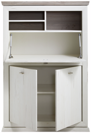 Sekretär aus hellem Holz mit offenen Türen und Fächern, Frontalansicht