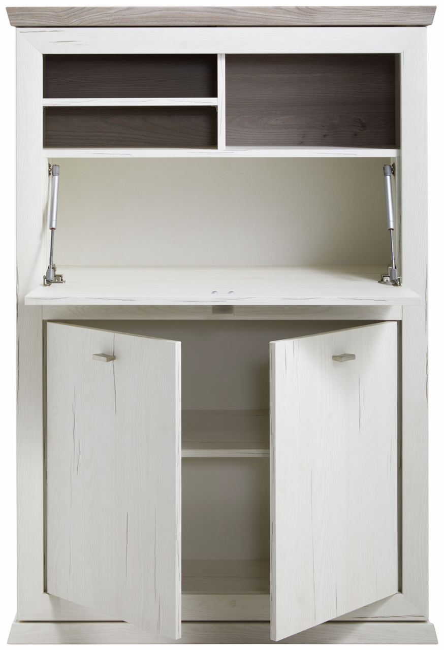 Sekretär aus hellem Holz mit offenen Türen und Fächern, Frontalansicht