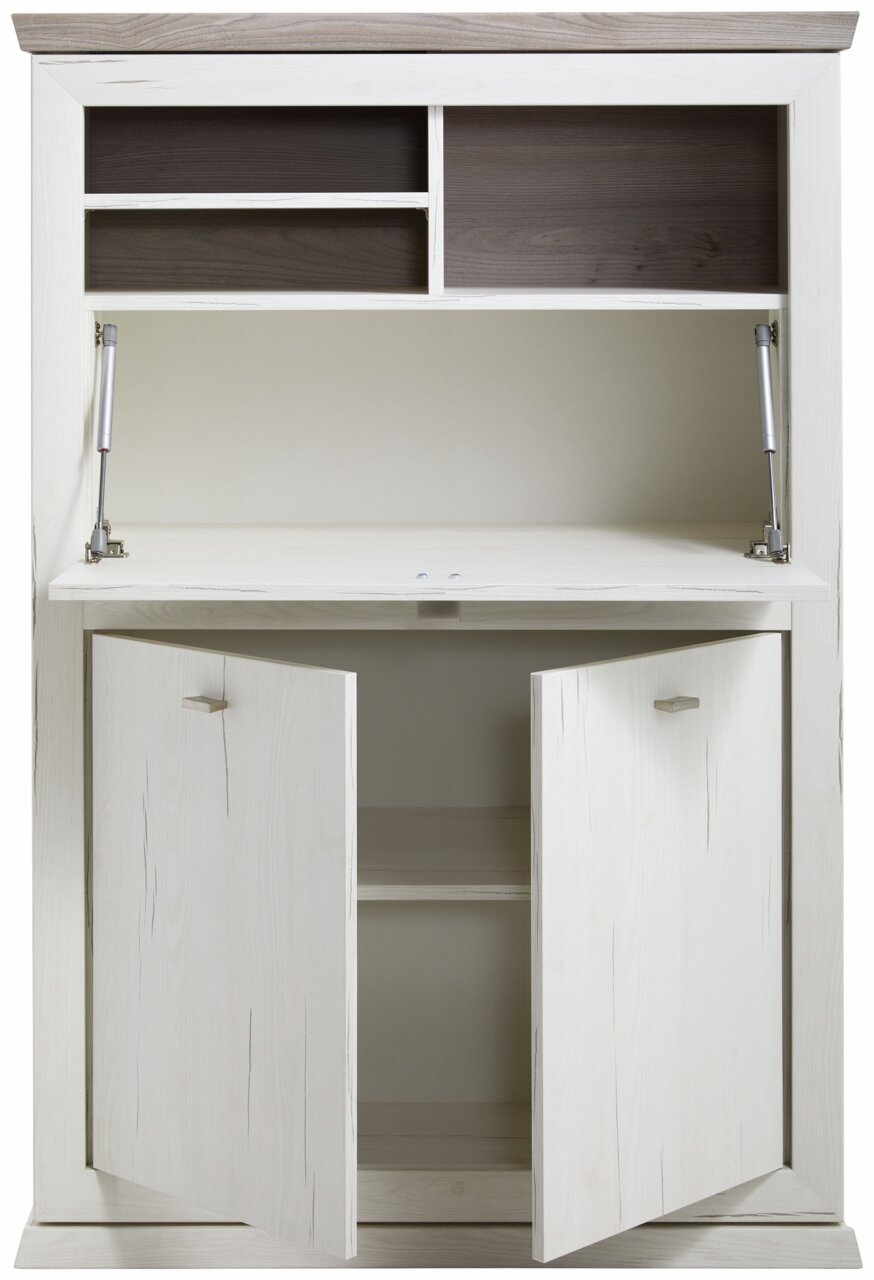 Secretaresse van licht hout met open deuren en vakken, vooraanzicht