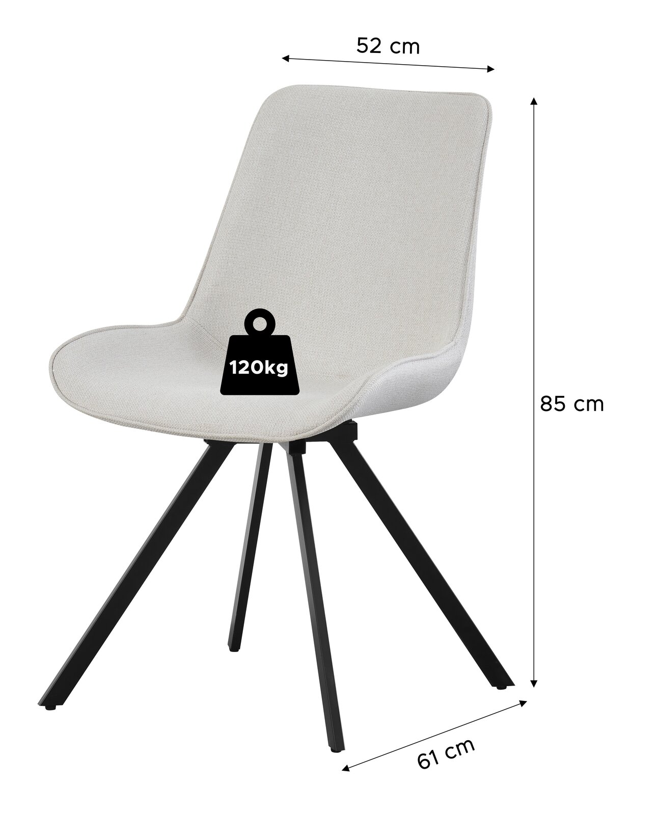 Moderner Polsterstuhl in Hellgrau mit schwarzem Metallgestell, Maße ca. 85 cm hoch, 52 cm breit und 61 cm tief, belastbar bis 120 kg, freigestellt auf weißem Hintergrund, Perspektive: seitliche Frontansicht.