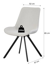 Moderner Polsterstuhl in Hellgrau mit schwarzem Metallgestell, Maße ca. 85 cm hoch, 52 cm breit und 61 cm tief, belastbar bis 120 kg, freigestellt auf weißem Hintergrund, Perspektive: seitliche Frontansicht.