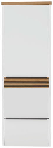 Frontansicht eines modernen Hängegarderobenschranks mit weißer Oberfläche und Holzdetails.