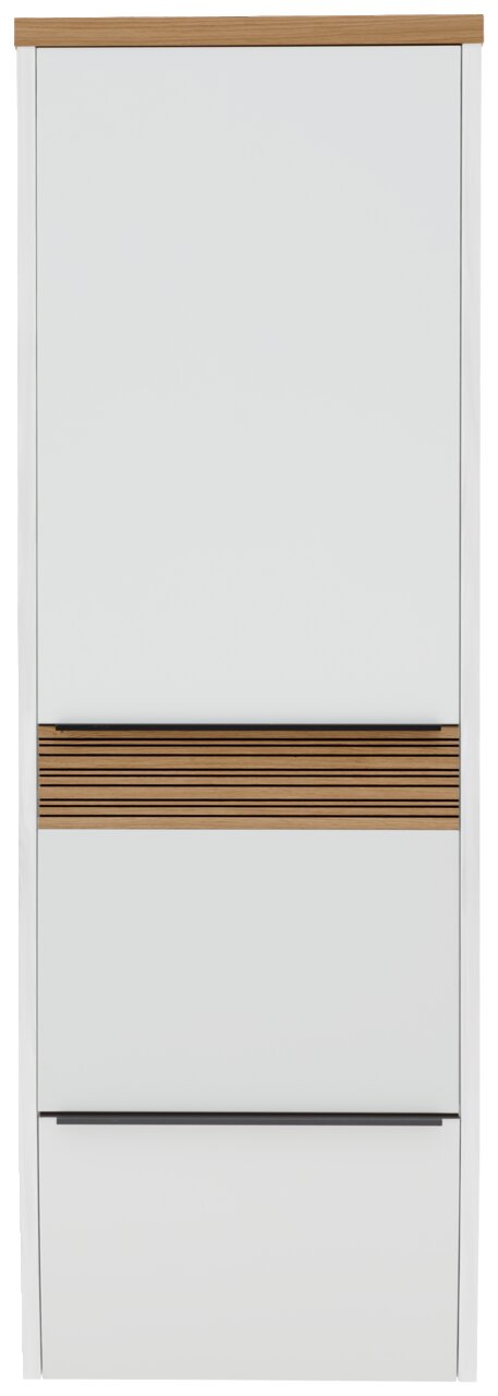 Frontansicht eines modernen Hängegarderobenschranks mit weißer Oberfläche und Holzdetails.