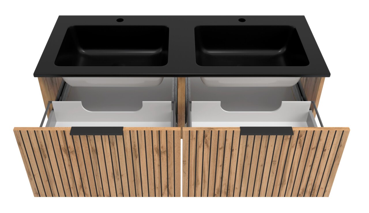 Vogelperspectief op een moderne wastafelcombinatie met twee zwarte wasbakken en houten fronten met verticale strepen.