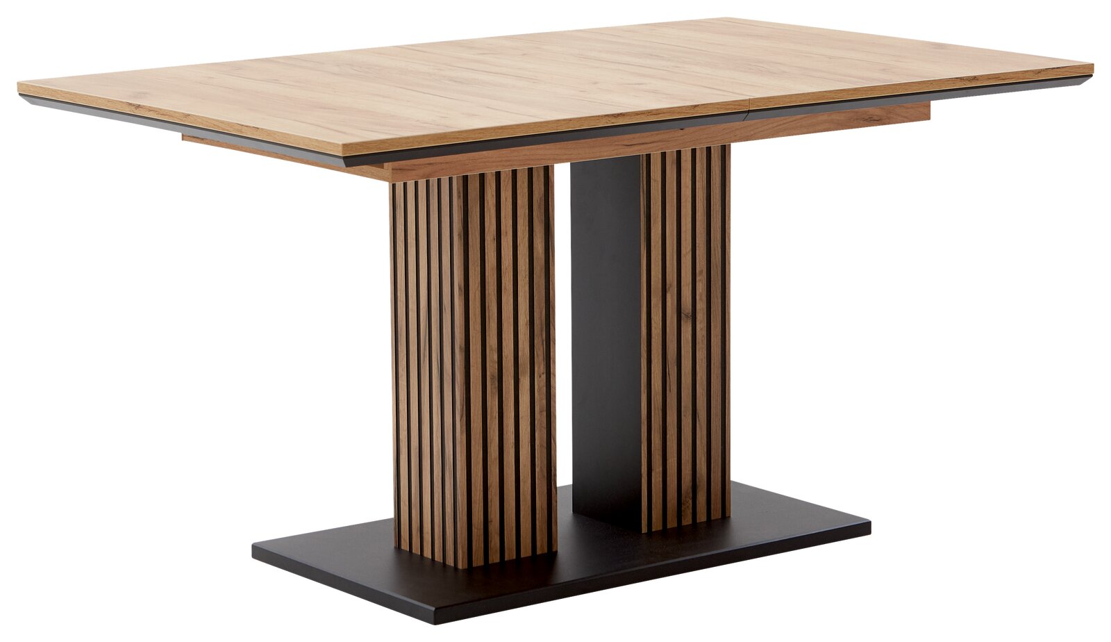 Moderner Esstisch mit rechteckiger Holzplatte und vertikalen Streifen auf dem Sockel, seitliche Perspektive.