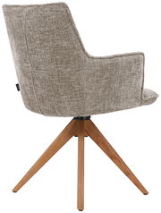 Rückansicht eines modernen Sessels mit grauem Stoffbezug und Holzbeinen in Dreibein-Design.