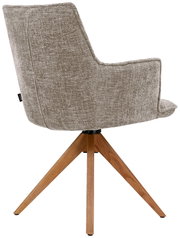 Achterkant van een moderne fauteuil met grijze stoffen bekleding en houten poten in een driepootontwerp.