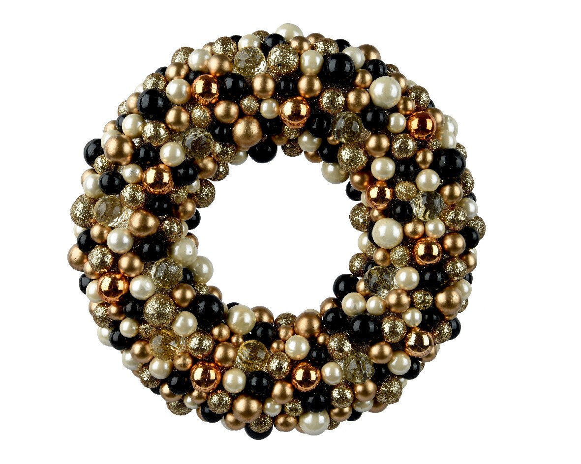 Kranz aus goldenen, schwarzen und perlenfarbenen Kugeln, von oben betrachtet