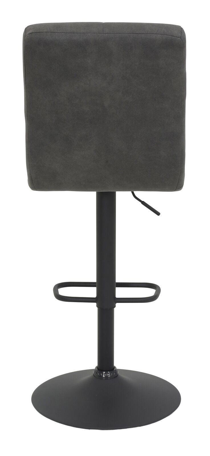 Rückansicht eines Barhockers mit schwarzem Gestell und grauer Rückenlehne.